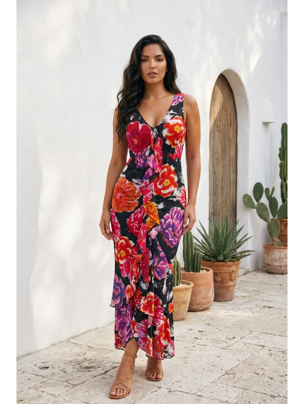 e Chelsea & Theodore Cotton Ruffle Front Maxi Oversized Vibrant Floral Pattern